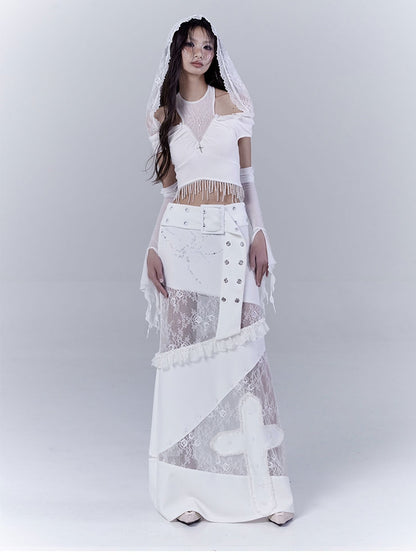 Hood Punk Hem Top with Cropped White Cutout Lace Shoulder Beaded Tassel