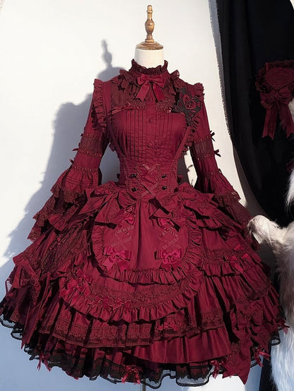 Layered Under Ruffle Dress Bust Wine Hem Bow Gothic Accents Lolita Red with