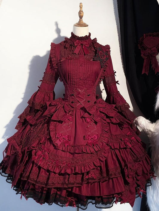 Layered Under Ruffle Dress Bust Wine Hem Bow Gothic Accents Lolita Red with