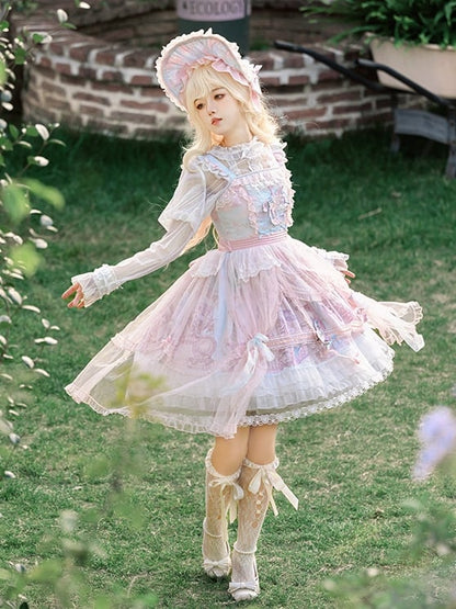 Pink and Blue Curtain Tulle Overlay Flying Horse Skirt Lolita Jumper Skirt