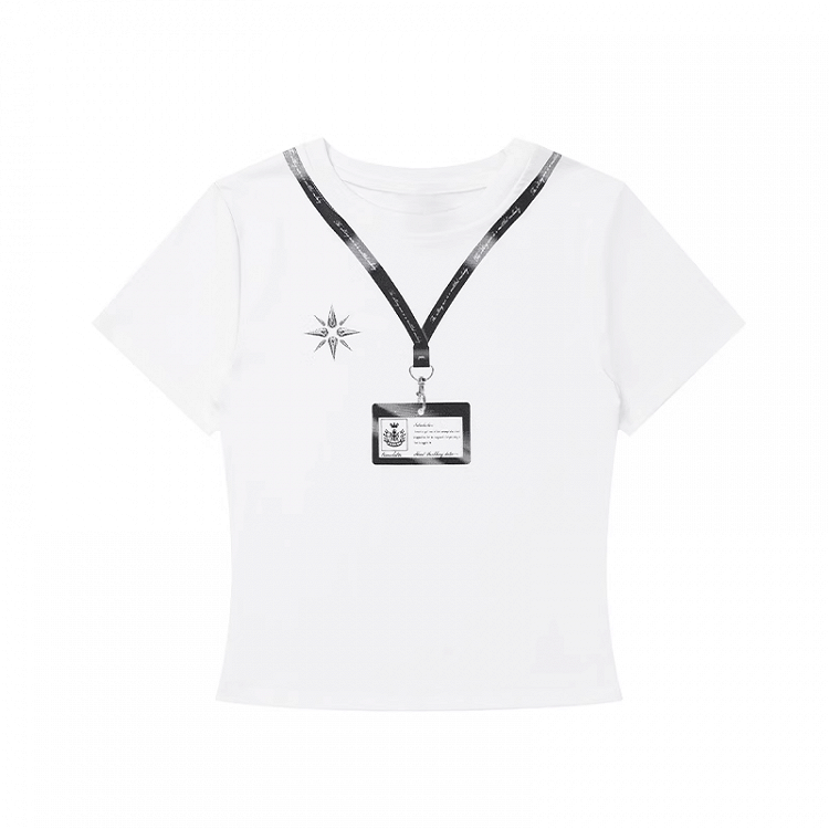 T-Shirt Weiß Rundhals Kartenhalter Print Slim-Fit