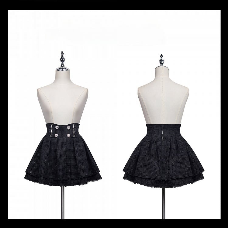 Tweed Waist Black Skirt Jirai Kei Heart Rhinestones High