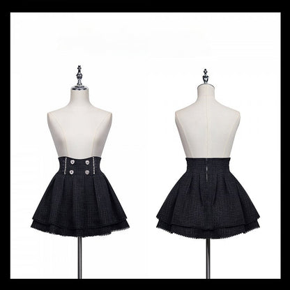Tweed Waist Black Skirt Jirai Kei Heart Rhinestones High