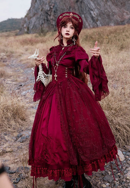 Red Dragon Bone Drawstring Design Gothic Lolita Skirt