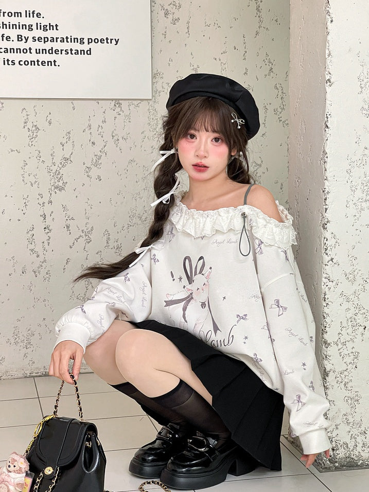 Ruffled Asymmetrical Lamb and Bow Print White Neckline Sweatshirt