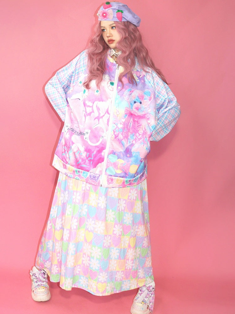 Augenjacke Kawaii Plaid Bär und buntes Muster Guro Print