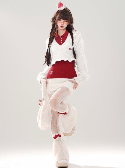 V-neck Mini Top Cropped + Skirt + White Knit White Set Sweater Red