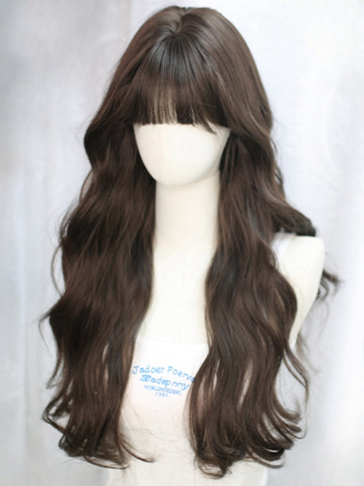 Perruque brune ondulée de 65 cm avec frange