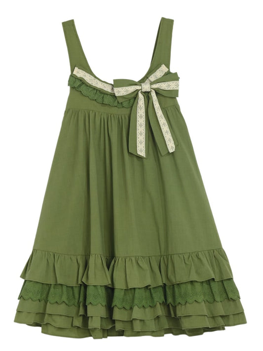 with Detachable Sweet Ruffle Green Overall Dress Hem Bowknot