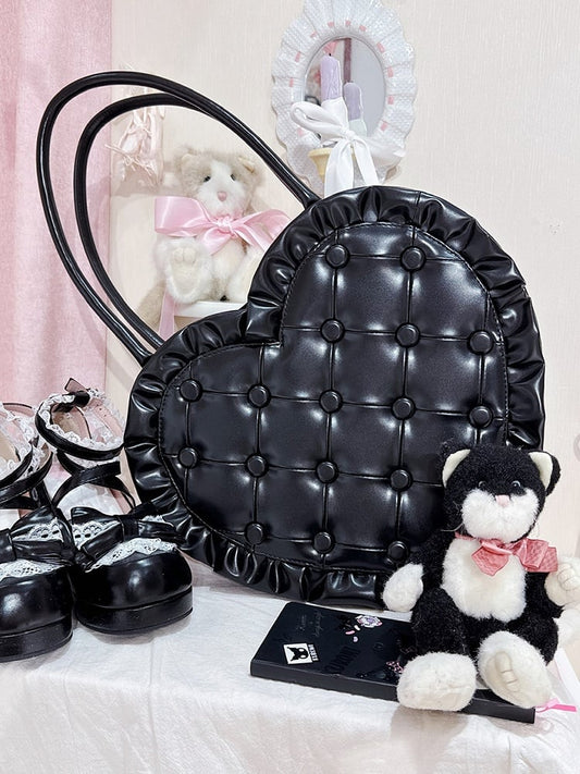 Black Lolita Shoulder – with Ruffles Lace Bag Diamond-Stitch Heart Purse