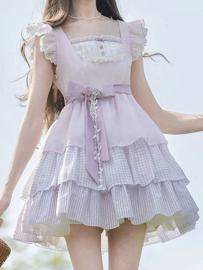 with Skirt Sweet Lavender Flutter Sleeves Dress Floral Tiered