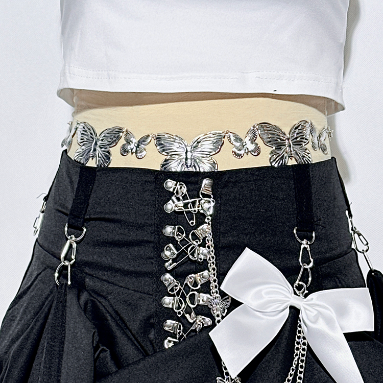 Punk Black Pin Chain Asymmetrical Hem Kitty Detachable Bow Skirt