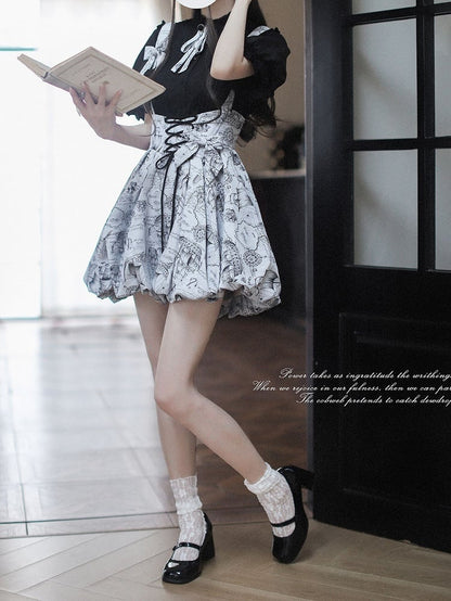 Gray Jacquard Lace-up Waist Overall Bubble Skirt