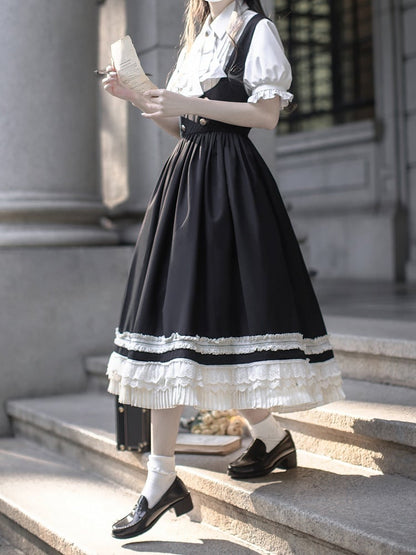 Preppy Style Black High Waist Overall Dress with Beige Lace Trim