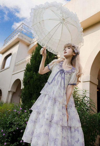Purple High Waist Bowknots Tiered Skirt Summer Lolita Dress