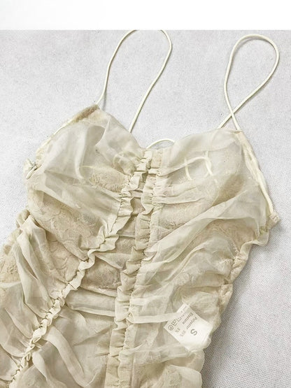 Cami Set- Self-tie Glamorous Trim Dress Ruffle Skirt + Straps Beige