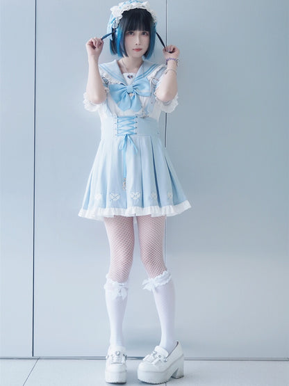 Jirai Kei Overalls Light Blue Heart Front Embroidery Lace-up