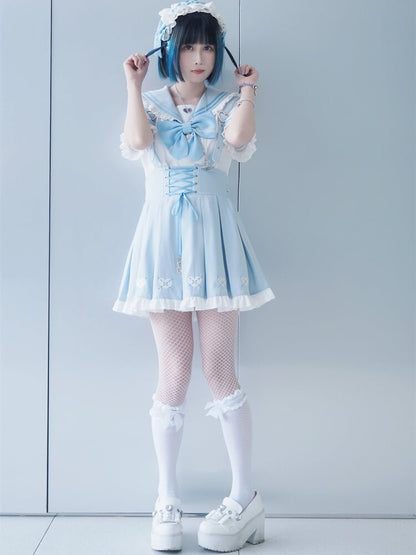 Cutout Blouse Blue Bowknot White Sailor Collar Heart-shaped Light
