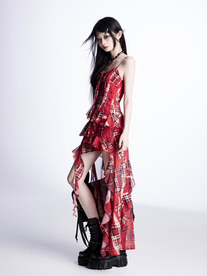 High-Low-Camisole-Kleid, rot kariert, kaskadierender Rüschenbesatz, Urlaubsrock