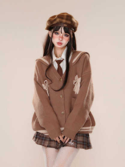 Brown Sailor Collar Bowknot Detail Cardigan