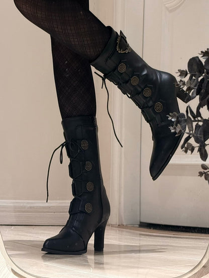 Lace-Up Pointed Leather Buckle Mid-Calf Boots Toe Elegant Embellishments - with Heels Lolita PU and Black