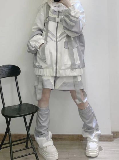 White Gray Cyberpunk Buckle Straps Hooded Zip Jacket