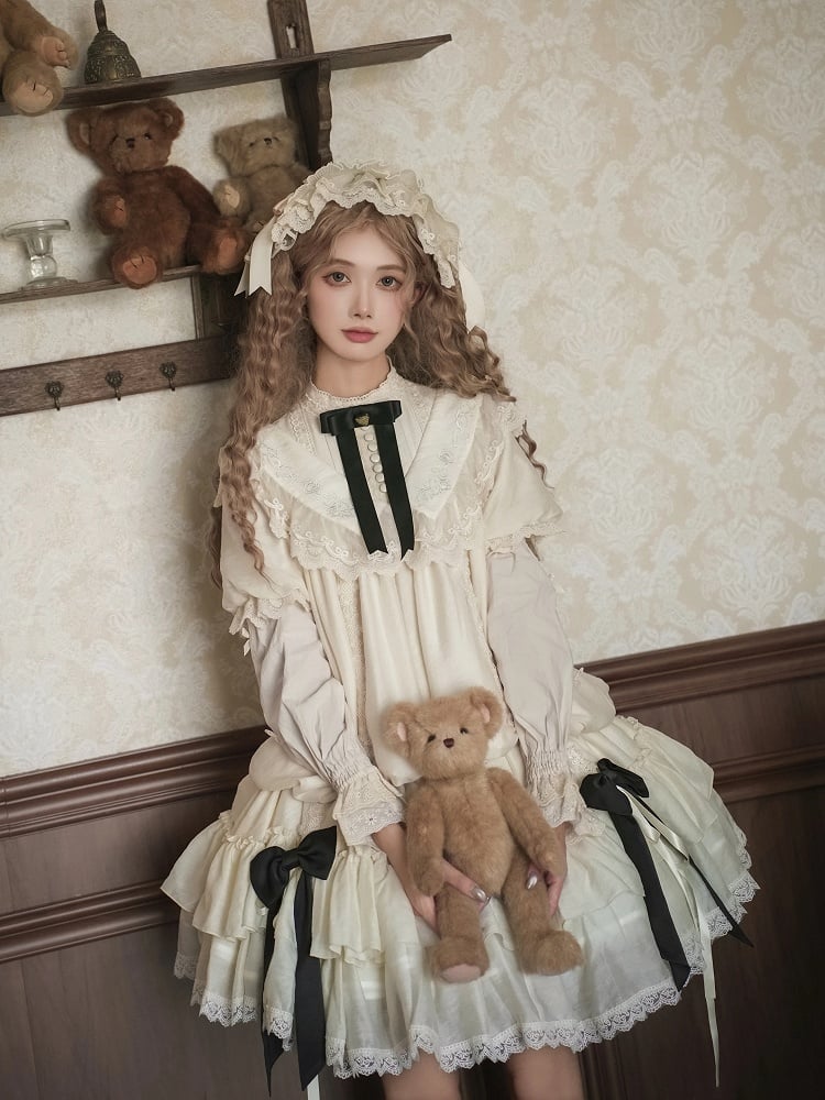 Bows Beige Fashion Drawstring Lolita Dress Black with Design Versatile and Waist Belt