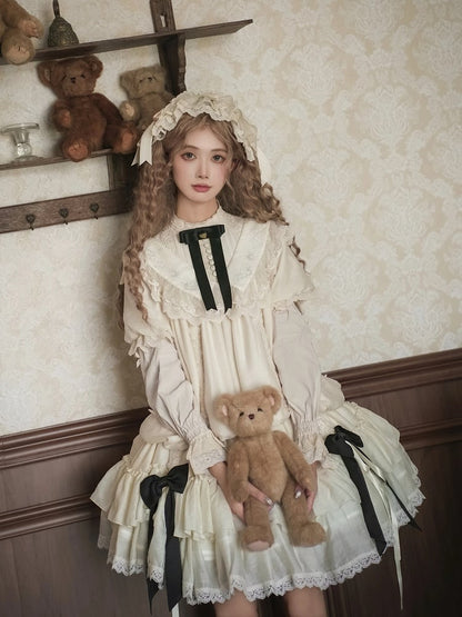 Bows Beige Fashion Drawstring Lolita Dress Black with Design Versatile and Waist Belt