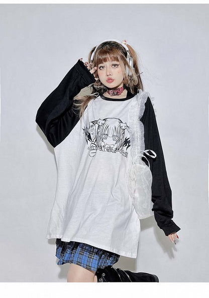 Black&White Round Neck Cartoon Top