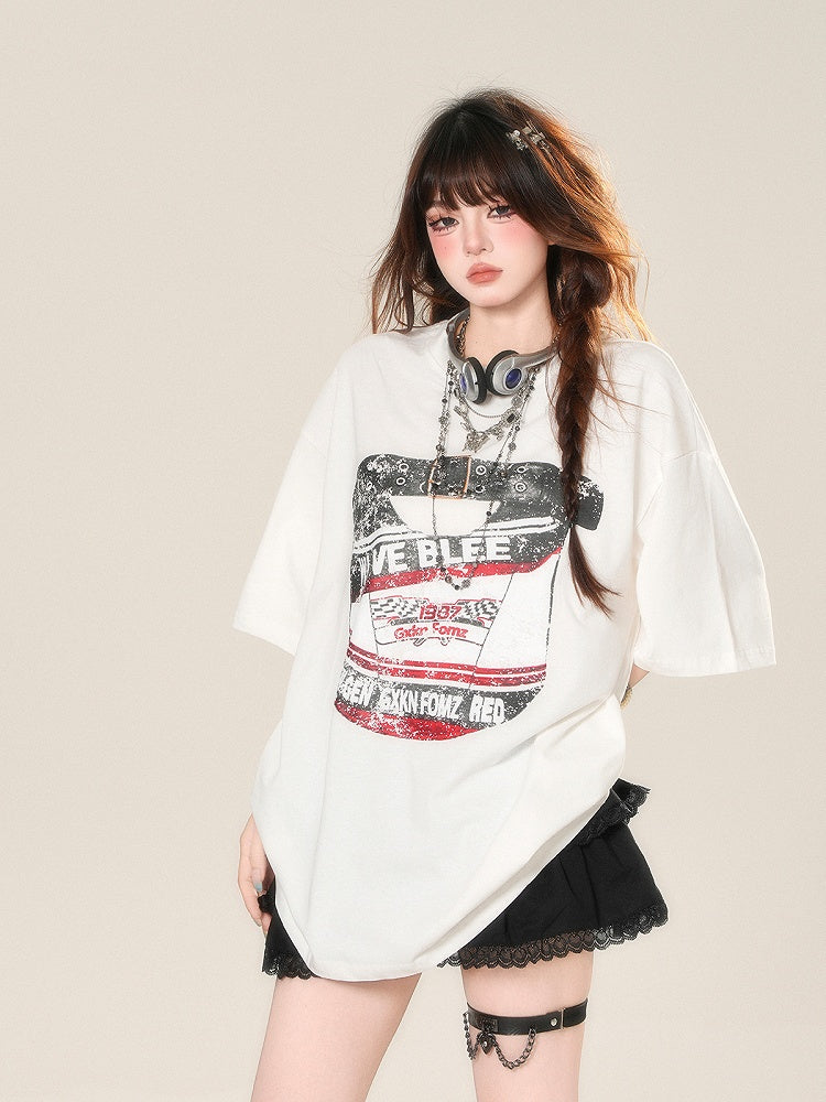 White Crew Neck Sports Loose Graphic T-shirt