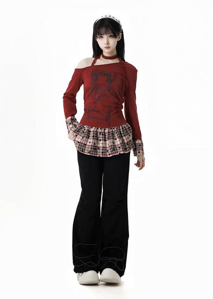 Pants Straight-leg Black/Gray Bittersweet Bone and Star Embroidery Cuffs Drawstring