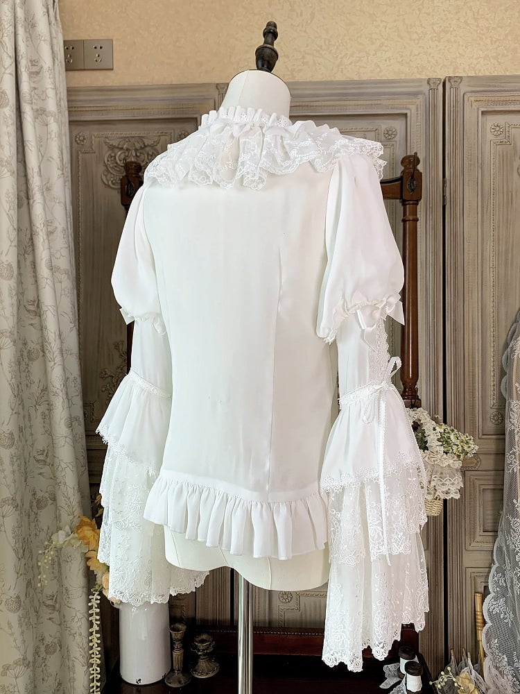 White Bowknots Adorned Ruffle Neckline Bell Sleeves Blouse