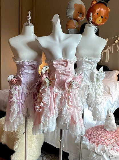 Lace Embellished Corset Romantic Flower Lolita Pink/Purple/White