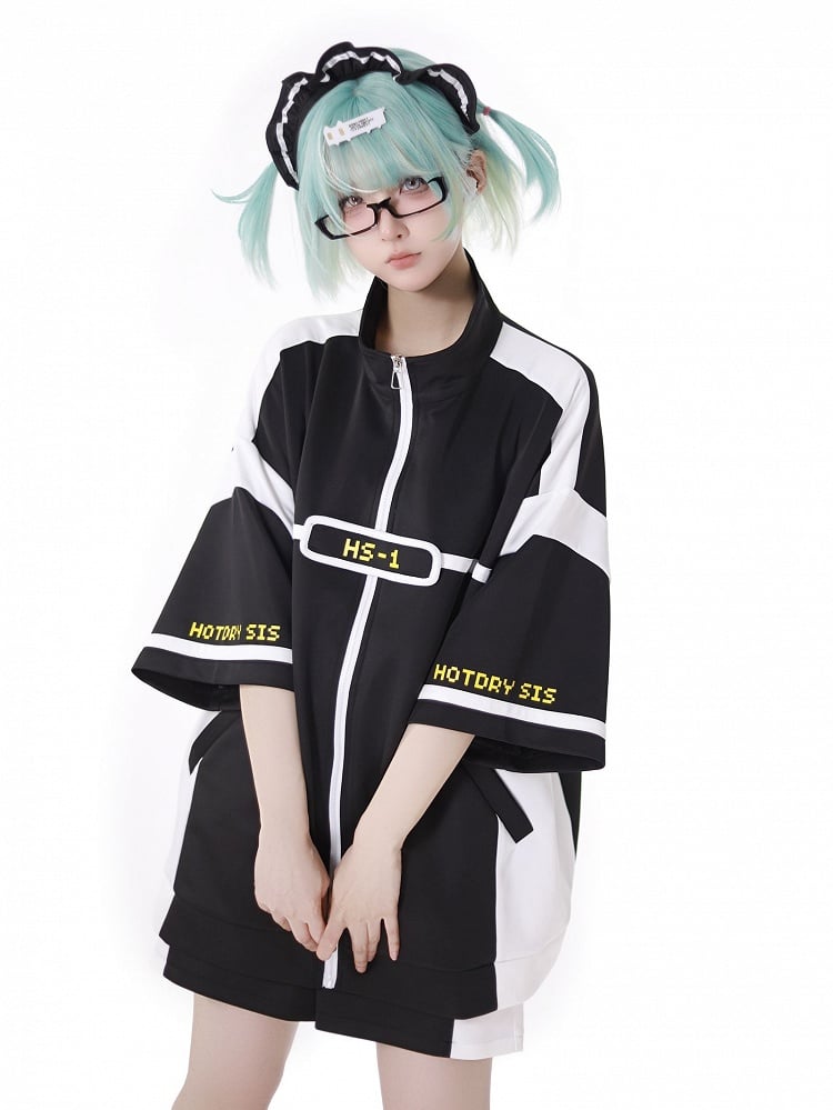 White Colorblock Design Jirai Kei Sports Shorts Black