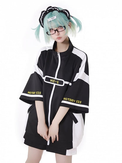 White Colorblock Design Jirai Kei Sports Shorts Black