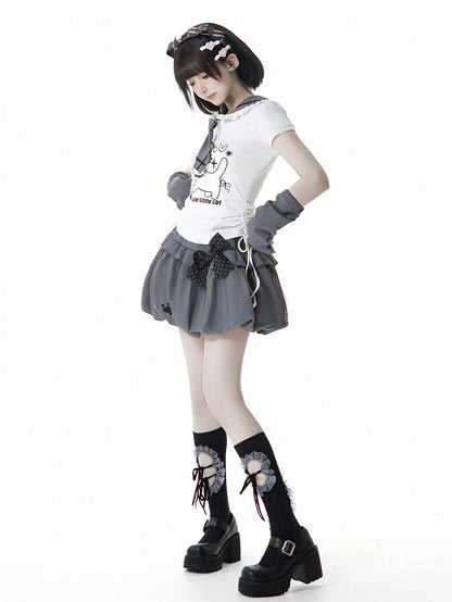 Paw Embroidery Bubble Skirt Cat Gray
