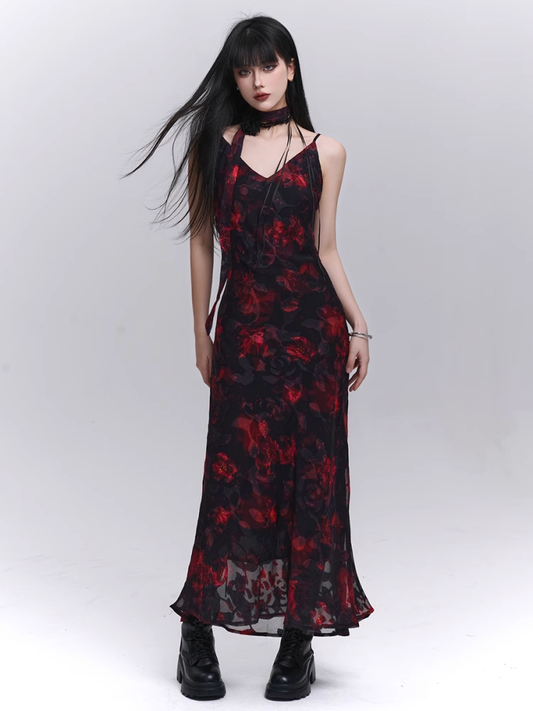 Floral Length Red and Black V-Neck Ankle Slip Dress