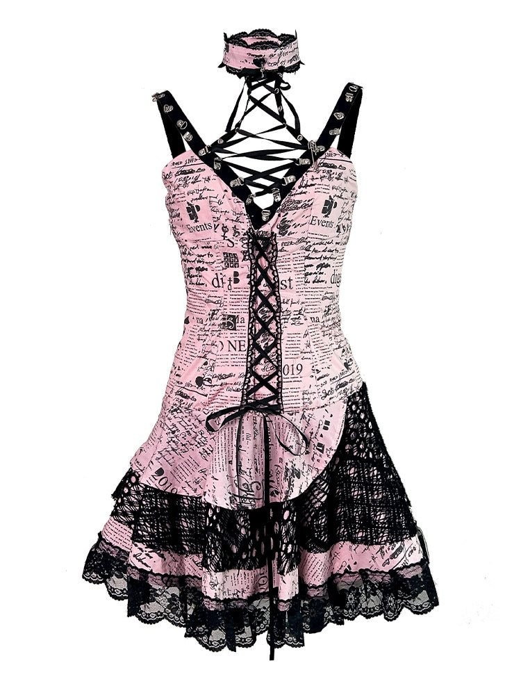 Robe punk rock rose sans manches à imprimé dentelle