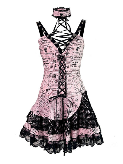 Robe punk rock rose sans manches à imprimé dentelle