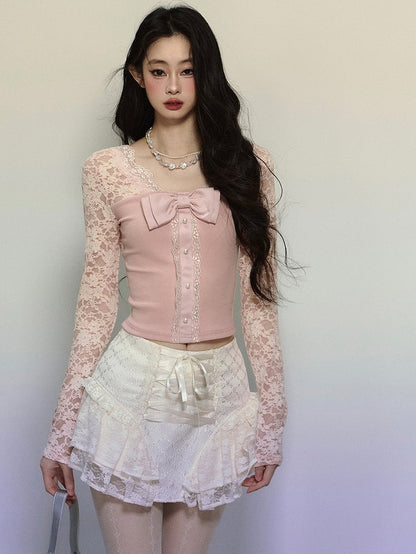 Pink Bowknot Details Lace Sleeves V-neck Knit Top