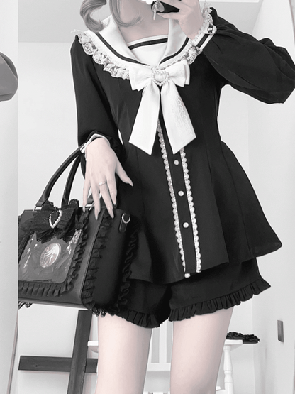 Black White Kei + Ears Bow Mini Dress + Ruffle Hem Shorts Jirai and Back Tie Sailor Collar Bunny Design Set-