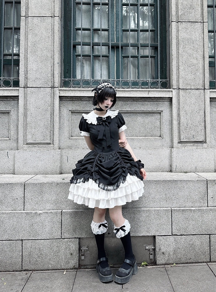 und asymmetrisches Kleid Schwarz Lolita Peter Pan Weißer Rock Stufen Gothic Ärmel Kragen Kurz