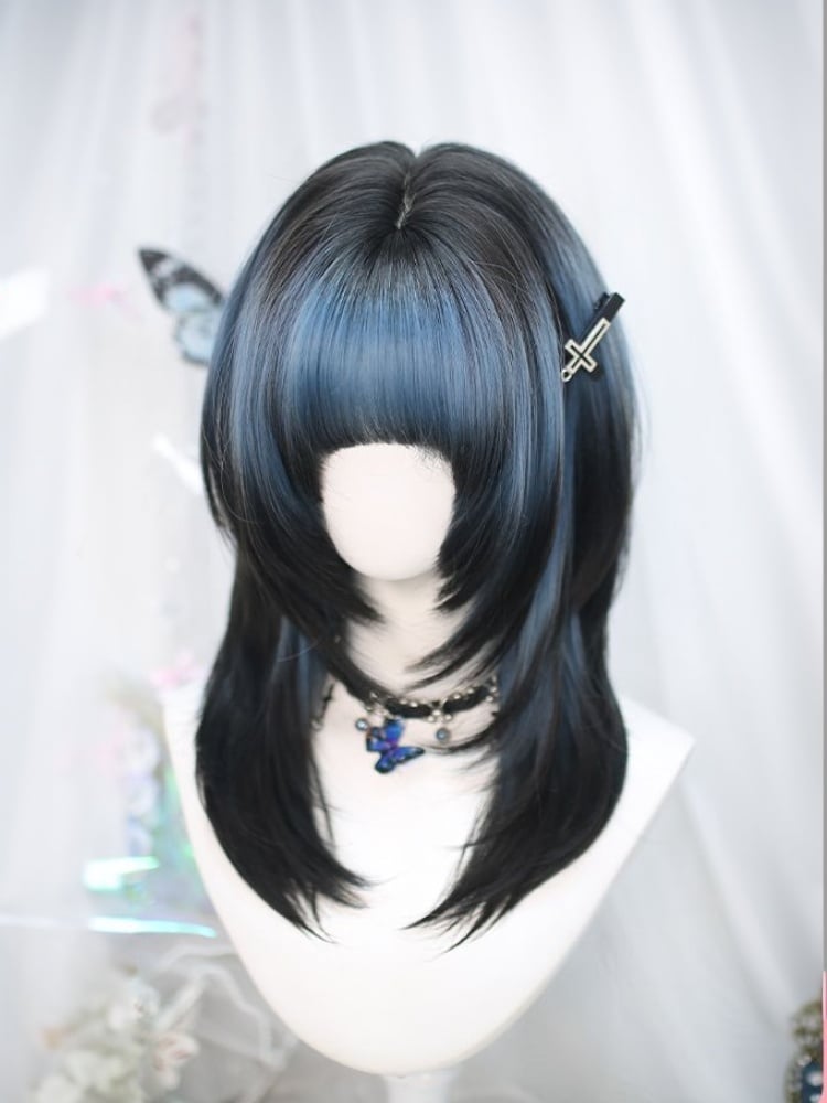 Blue and Black Ombre Above Bust Length Wig with Full Bangs