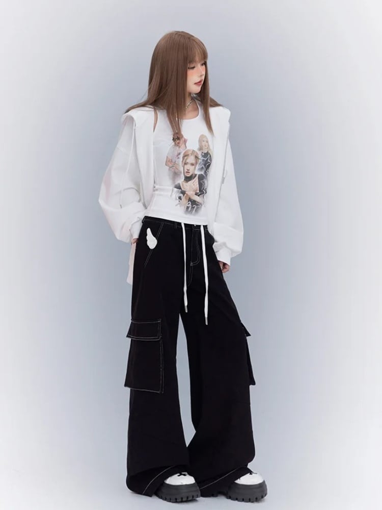 Self-tie Strap Design Wings Cargo Pocket Wide-Leg Jeans with Black Angel