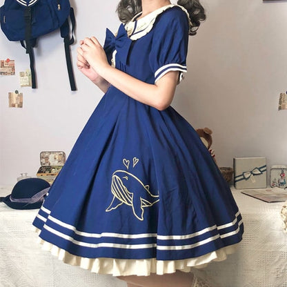 Plus Size Friendly Dark Blue Sweet Dress Whale Peter Pan Collar