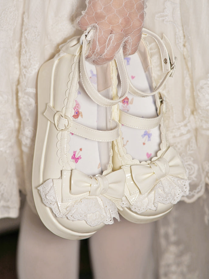 White Bow Milky Buckles at Platforms Lace Trim Top Heart