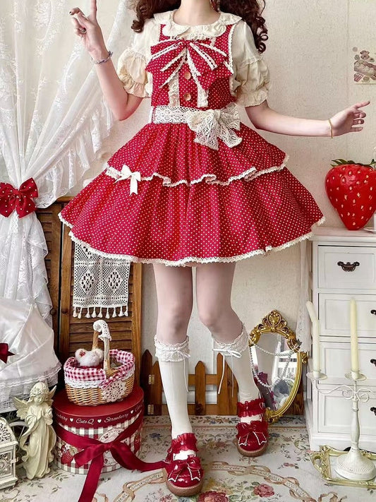 Overall Old Pattern Lolita School Polka-dot Red Dress