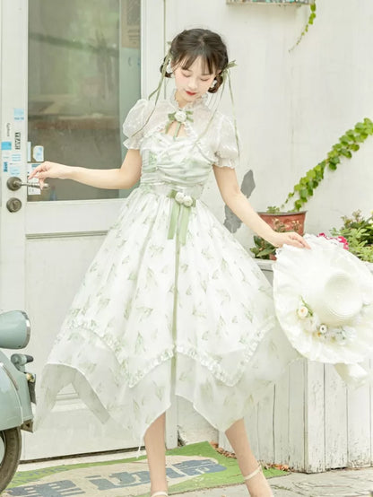 Light Green Lily of the Valley Print Handkerchief Hem Dress + Bolero