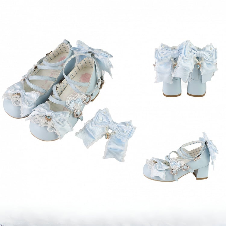 Bowknot-Träger Herz-Block-Design 5CM Heels Kreuzmuster Süße Schnalle Details Schuhe Lolita Blau
