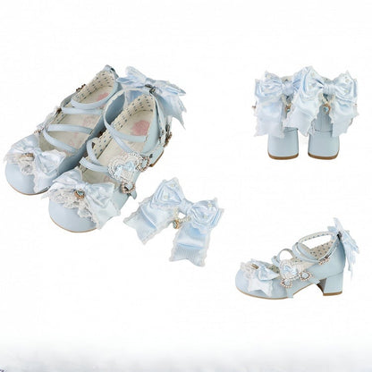 Bowknot-Träger Herz-Block-Design 5CM Heels Kreuzmuster Süße Schnalle Details Schuhe Lolita Blau